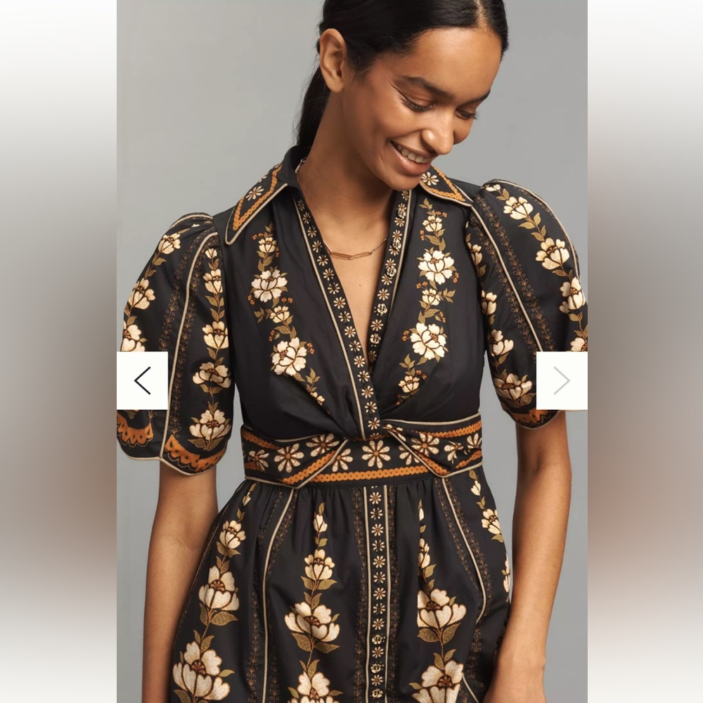 NWT Anthropologie FARM Rio Black Embroidered Flowers Floral Midi Shirt Dress M - Picture 4 of 11